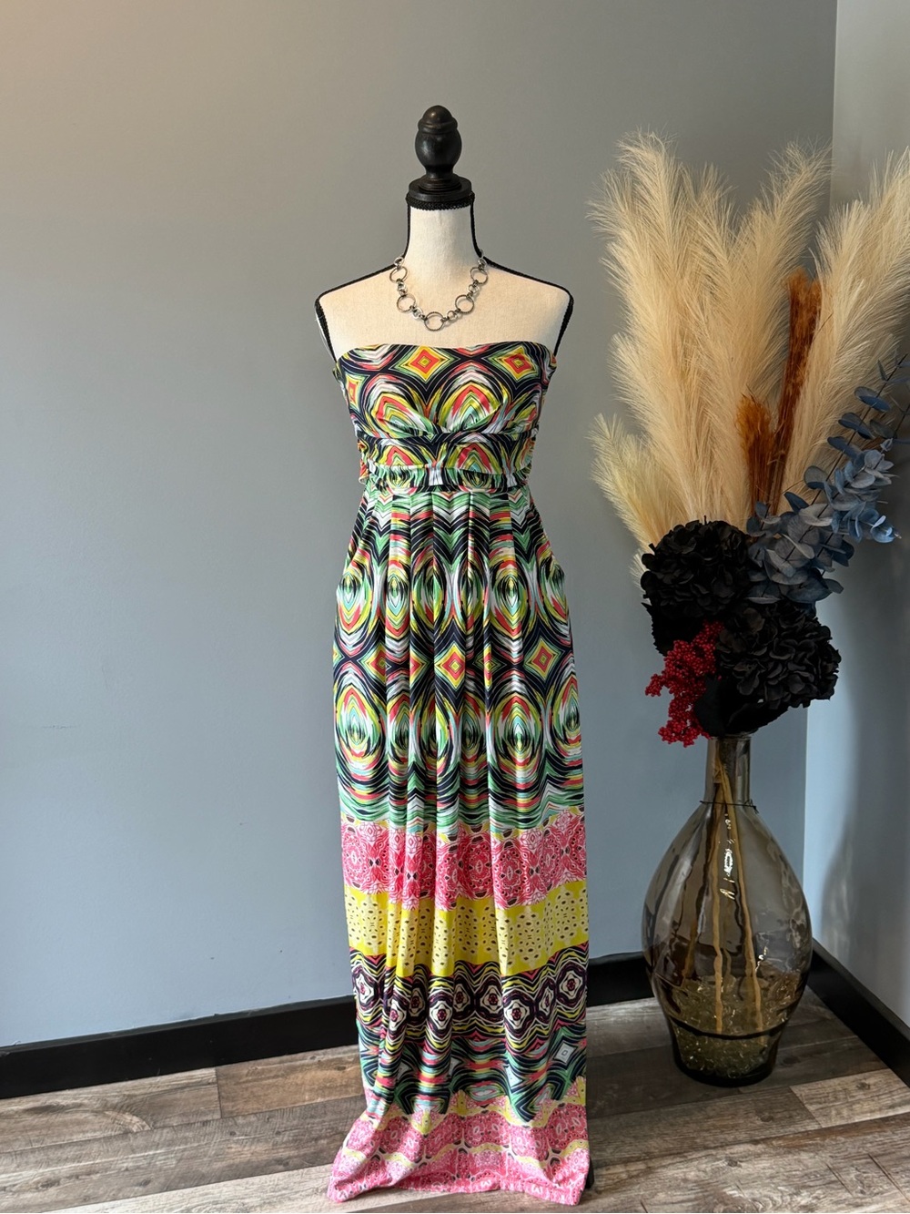 Strapless Multi-Pattern Maxi Dress in Pink, Yellow & Green